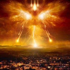 Apocalyptic religious image – armageddon battle between forces of good and evil, judgment day,...