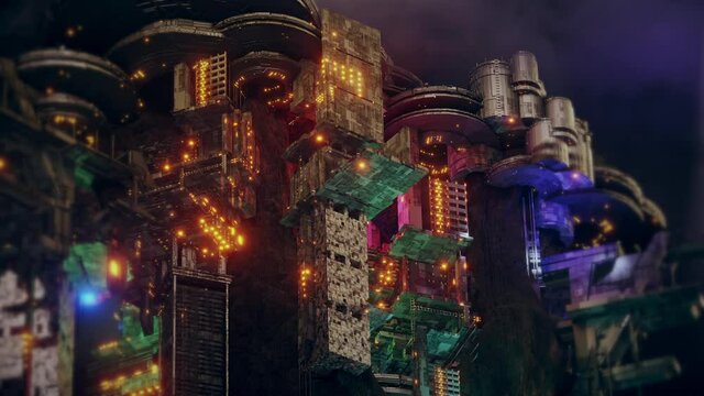 3D Futuristic sci fi city in clouds. Concept of the future colony. Flying star ship transport. Space fantastic view.