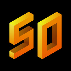 Gradient golden number 50 in isometric style. Yellow figure isolated on black background. Learning numbers, price.