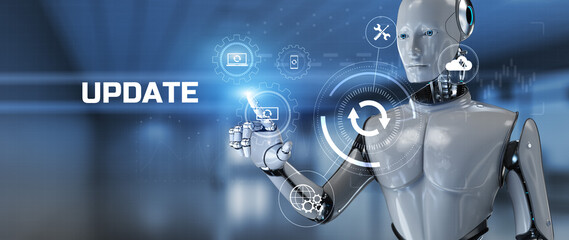 Update system upgrade install. Robot pressing button on screen 3d render.