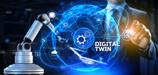 Digital twin industrial technology and manufacturing automation technology. 3d render cobot robotic arm.