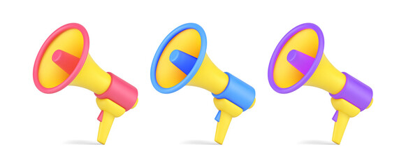 Collection bright megaphones for loud speaking attention announce isometric 3d icon vector