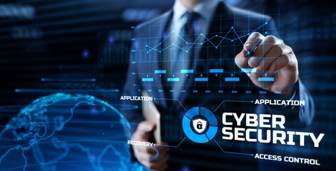 Cyber security access control data protection personal information privacy concept. Businessman pressing button on screen.