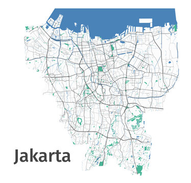 Jakarta vector map. Detailed map of Jakarta city administrative area. Cityscape urban panorama.