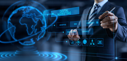 DIgital marketing online internet SEO SEM SMM. Businessman pressing button on screen.