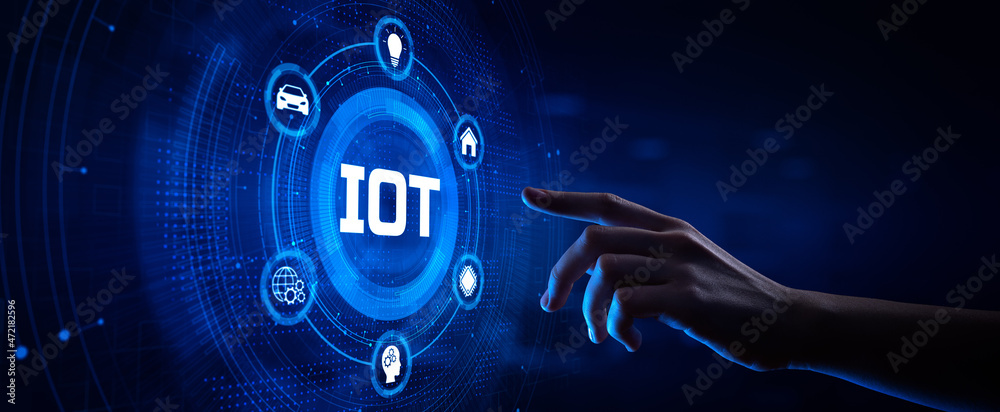 Wall mural iot internet of things wireless technology concept. hand pressing button on screen.
