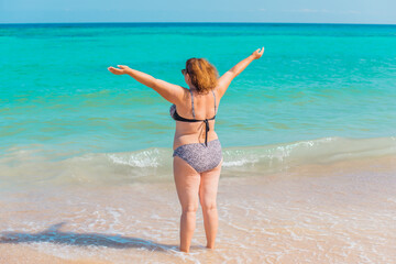 Plus size lady meditation at vacation, Holidays and enjoy the life, concept of mature women life, Body positive