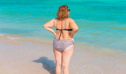 Plus size lady meditation at vacation, Holidays and enjoy the life, concept of mature women life, Body positive