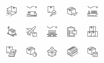 Set of Vector Line Icons Related to Logistics. Retail Warehouse, Shelves with Goods, Product Distribution. Editable Stroke. Pixel Perfect.