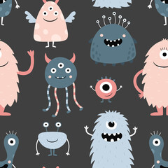 Seamless pattern with cute funny monsters on a black background. Cartoon characters. Vector illustration for printing on fabric, wrapping paper, textiles, clothing