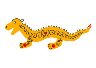 A yellow dragon with a crest on its back and patterns on its sides, a character