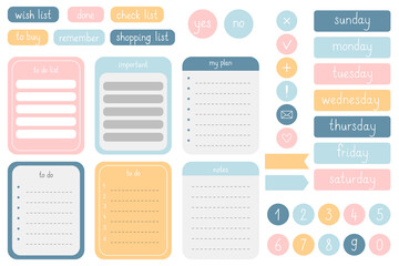 A set of cute elements for a notepad, planner, diary. Stickers for scrapbooking. To-do list, frames, bookmarks, frames, days of the week, numbers. Vector illustration