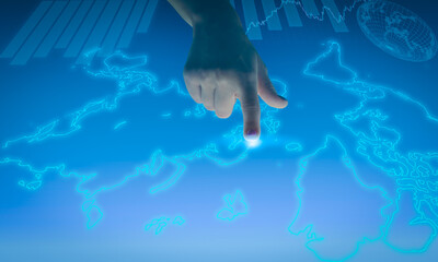 Businesswoman hand touching world map and bar graph. World wide map hologram on virtual screen. Global business and telecommunication technology concept.