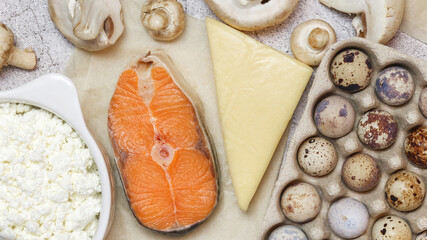 Healthy food, foods rich in vitamin D, omega 3 and protein, sea red salmon, mushrooms, mushrooms, cheese, dairy product, cottage cheese, quail eggs. Cooking recipe for the keto diet