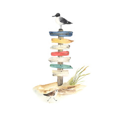 Wooden pillar with colored pointers for your text, birds seagull and sandpiper, watercolor marine illustration isolated on white background, summer travel symbol. - 472183975