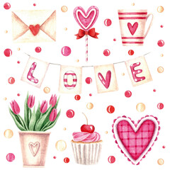 Valentine's Day set. Watercolor illustration. Holiday. Love. Flowers. Collection. Beautiful. Romance. Cute. Wedding. Design. Art. Handmade. Flowers. Sweets. Heart. Pattern. Printing on postcards. 