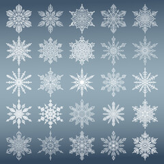 Set of 25 white snowflakes on a blue gradient background. A gentle symbol of winter. Openwork winter patterns.