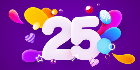 25 percent Off. Discount creative composition. 3d sale symbol with decorative objects. Sale banner and poster. 