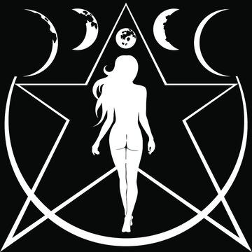 Frau Silhouette: R&uuml;ckenansicht. Mondphasen und ein Pentagramm
