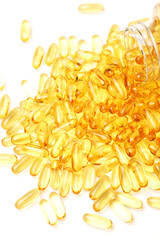 Vitamin Omega-3 fish oil capsules on white background