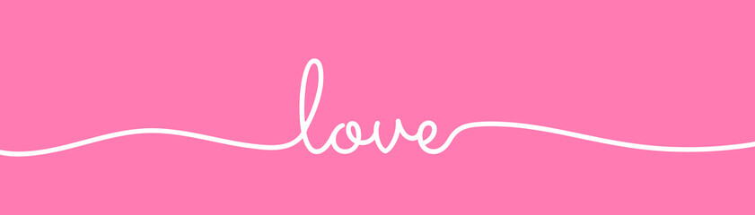 Love text in continuous line style. Cursive handwritten 'love' one line text on pink banner. Minimalist trendy lettering design for Valentine's Day greeting card or banner