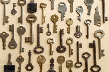 Antique keys are commonly reffered to as a bit or barrel keys, the former having a solid shrank and the latter being hollow. Here are some old antique and vintage keys against paper background.