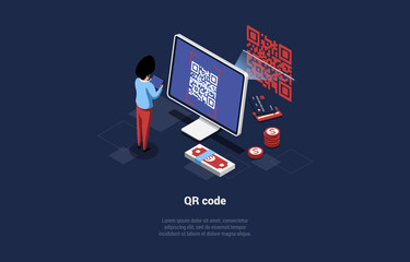 QR Code Concept Vector Illustration In Cartoon 3D Style. Dark Blue Background, Text. Person Standing Near Computer, Scanning. Money Elements Around. Modern Technology, Tech System, Access And Monitor