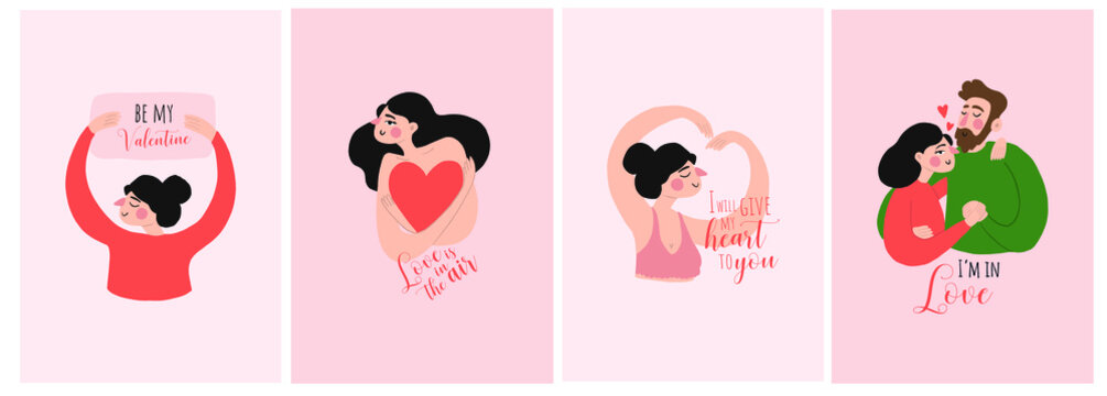 Happy valentines day vector love set elements couple lovers heart be mine women cute illustration clip art character person romantic