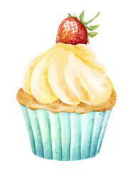 Watercolor delicious cupcake with fresh strawberry isolated on white background.