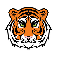 Tiger head. Illustration of a stylized tiger muzzle with a black contour isolated on a white background. Can be used as a logo, a mascot or a t-short print. Vector 10 EPS.