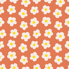 Hippie floral daze ditsy daisy seamless repeat pattern. Retro, vector botany millefleurs all over surface print on orange background.
