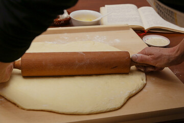 Woman working with sourdough. Making of homemade bread or croassants. Serie of photos.