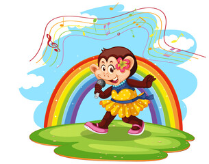Obraz na płótnie Canvas Monkey singing cartoon character with rainbow background