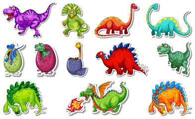 Ensemble d& 39 autocollants avec différents types de personnages de dessins animés de dinosaures