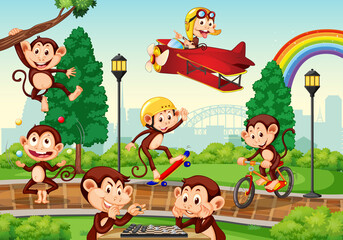 Outdoor park with many monkeys doing different activities