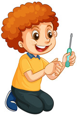 A boy holding a screwdriver on white background