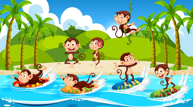 Beach scene with monkeys doing different activities