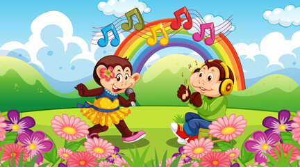 Obraz na płótnie Canvas Little monkeys singing in forest landscape with rainbow