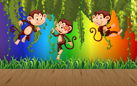 Monkey hanging on liana on rainbow gradient background