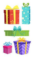 Set of gift boxes. Christmas or birthday gifts with colorful wrappers, ribbons and bows.