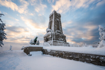 Magnificent panoramic winter view of the Shipka National Monument (Liberty Monument) in a frosty...