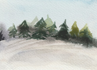 Watercolor winter landscape. Beautiful  fir trees on a hill in the middle of a snow-covered field against the background of a frosty sky.
The winter forest.