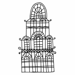 Isolated vector black and white set design of silhouette of lined ornamental houses