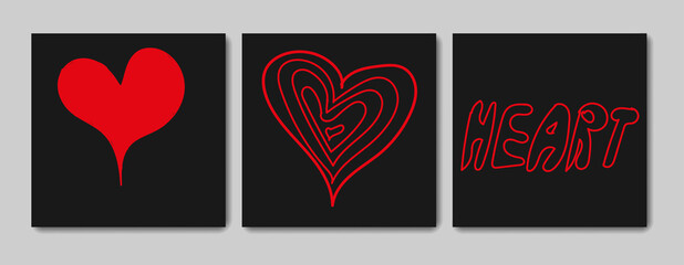 Set collection red doodle heart on black background