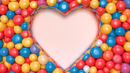 Heart shape surrounded with glossy colorful balloons. 3D rendering.
