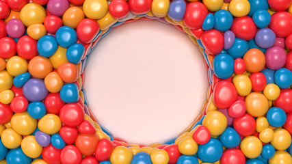 Circle surrounded with glossy colorful balloons. 3D rendering.