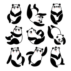 Obraz premium Set of 9 cute cartoon pandas, vector illustrations