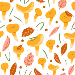 Chanterelle mushrooms and autumn leaves vector pattern