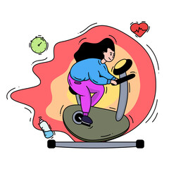 Cartoon girl on an exercise bike. 