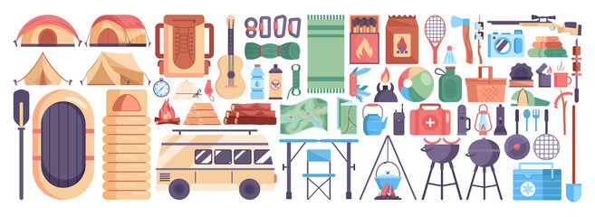 Hiking inventory set. Mountain travel, climbing and trekking equipment.